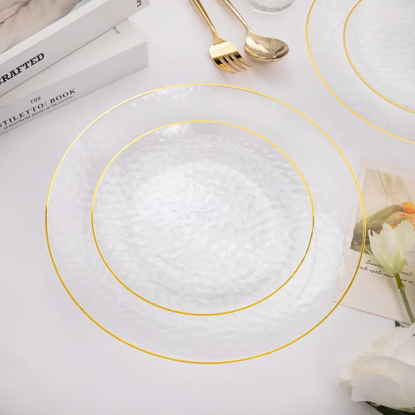 60‑Pack Hammered Clear Plates Set with Gold Rim