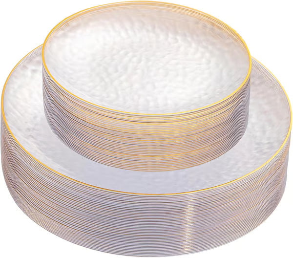 60‑Pack Hammered Clear Plates Set with Gold Rim